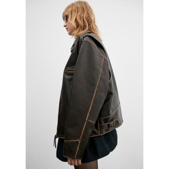 Mango Oversized Worn-Effect Leather Jacket - Xs Brown - Picture 4 of 5